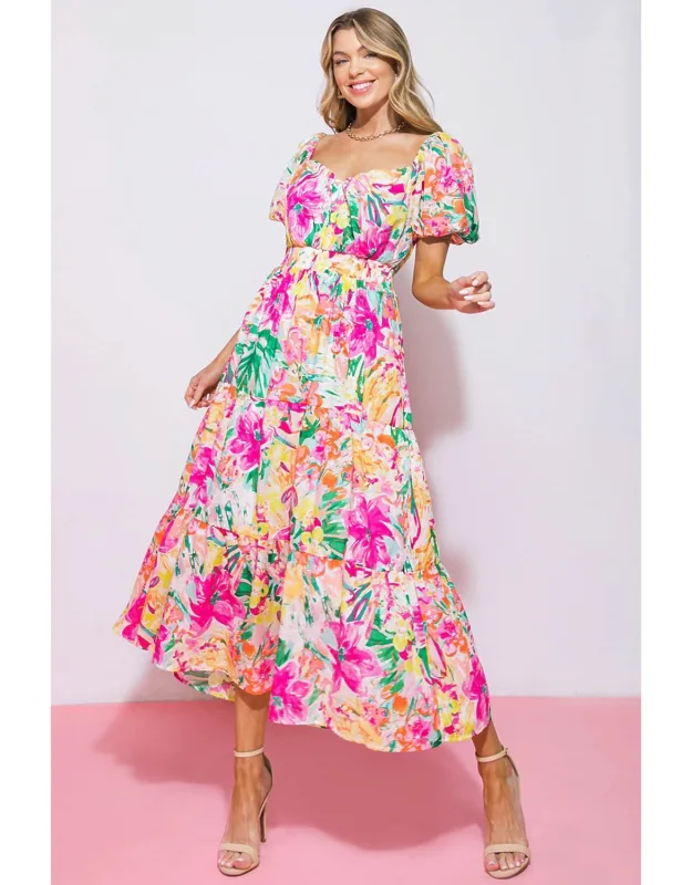 It Starts Now Midi Dress With Sweetheart Neckline And Puff Sleeves