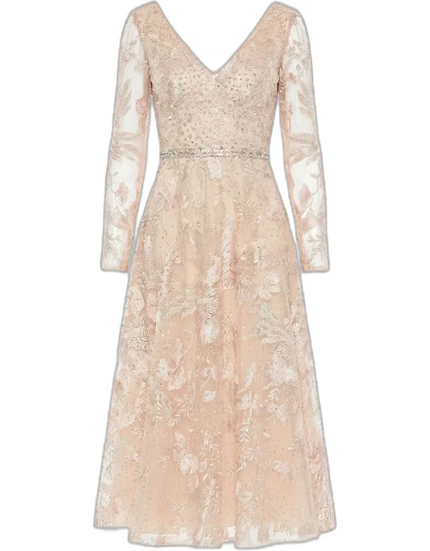 Floral Embroidered Mesh Midi Dress