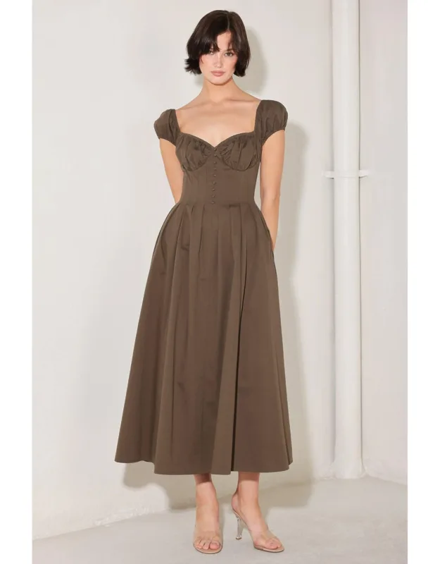 Mocha Muse Moment Woven Midi Dress With Sweetheart Neckline And Ruched Bust
