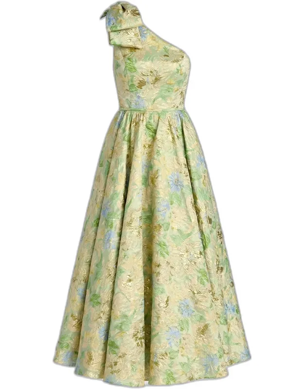 One-shoulder Brocade Midi Dress