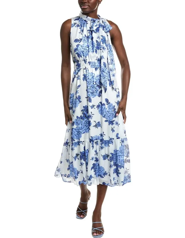 Tied Mock Neck Tiered Midi Dress