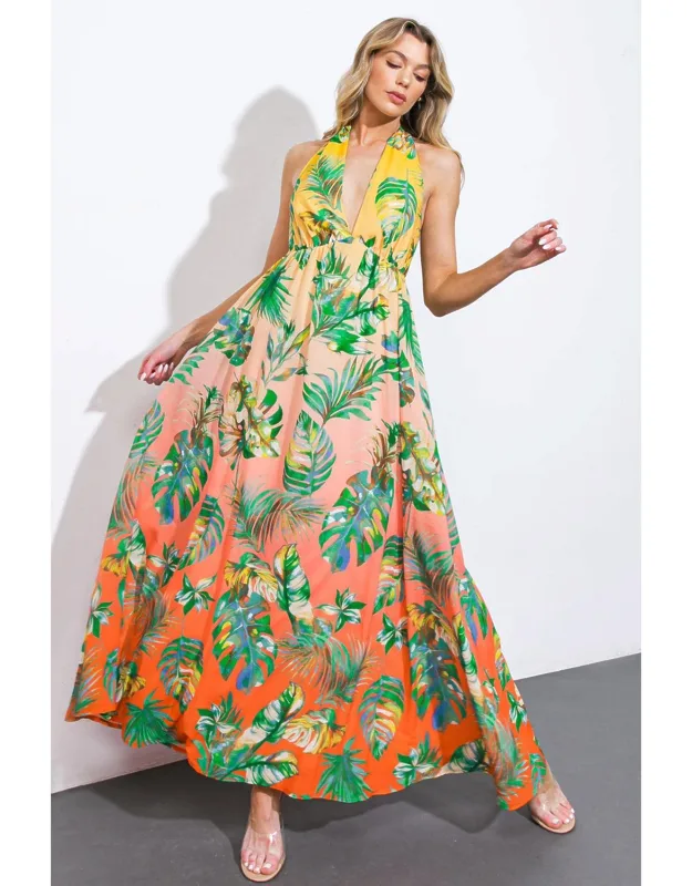 Adorable Days Woven Maxi Dress With Plunging Back And Halter Neckline