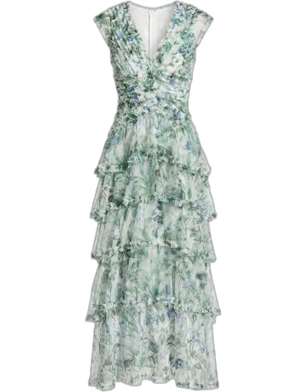 Floral Mesh Ruffled V-neck Maxi Dress