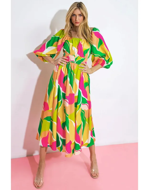 A Second Thought Woven Midi Dress With Square Neckline And Long Sleeves