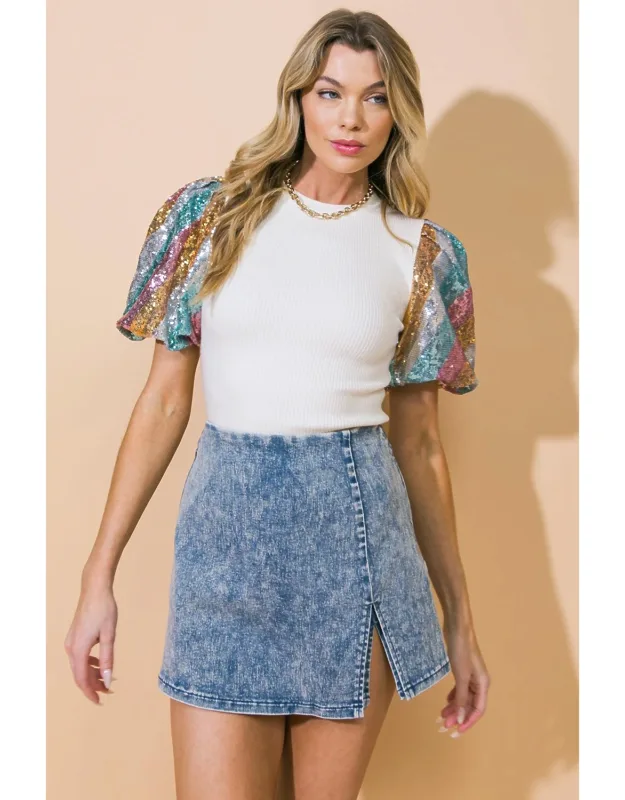 Get Carried Away Sweater Top With Sequin Sleeves