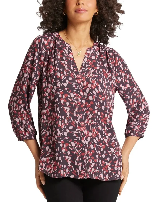 Pintuck Blouse With Billowy Three-quarter Sleeves And Split Round Neckline