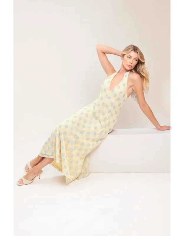 Delicate Bloom Halter Woven Lace Midi Dress