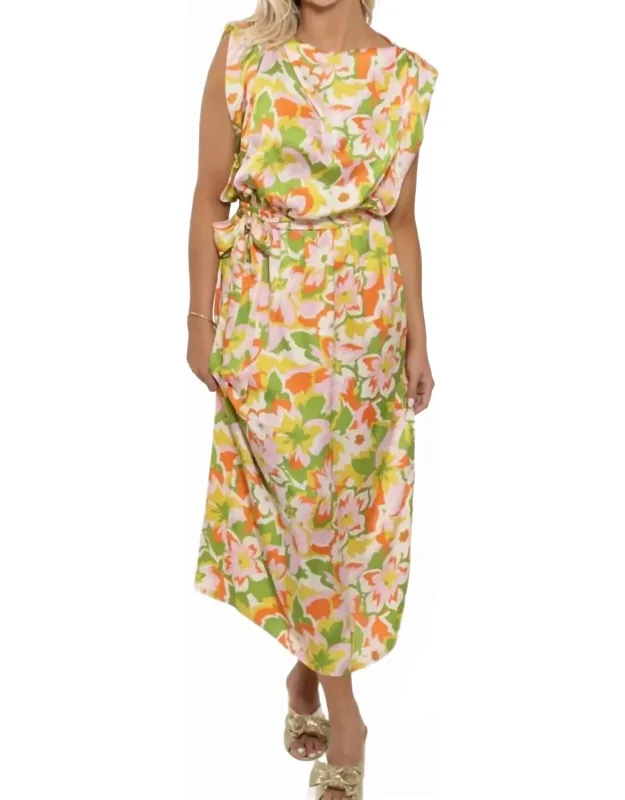 Abstract Floral Satin Drape Maxi Dress