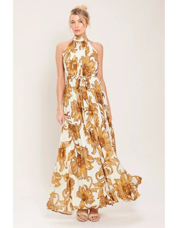 Honey Luxe Woven Maxi Dress With Halter Neckline And Pleated Body