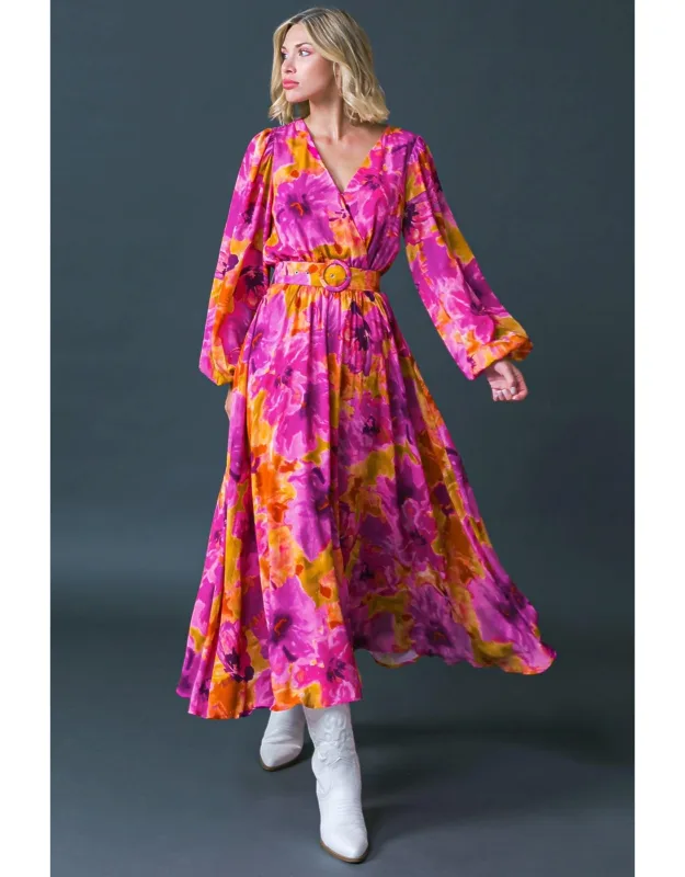 Just Watch Me Woven Midi Dress With Surplice Neckline And Puff Sleeves