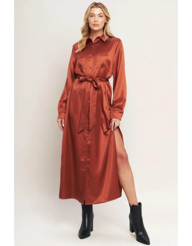 It's Your Place Woven Midi Dress With Shirt Collar And Side Slit