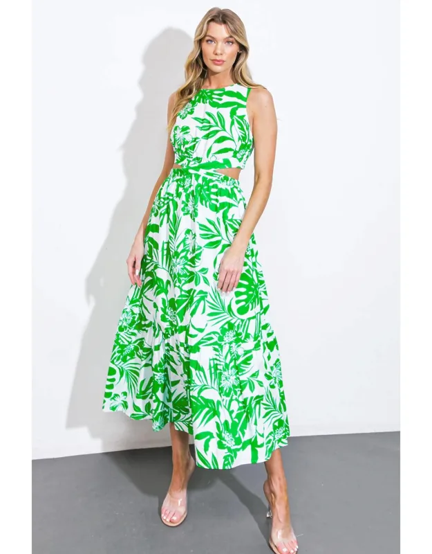 Live Your Truth Woven Midi Dress With Side Cut Out And Ruffled Hemline