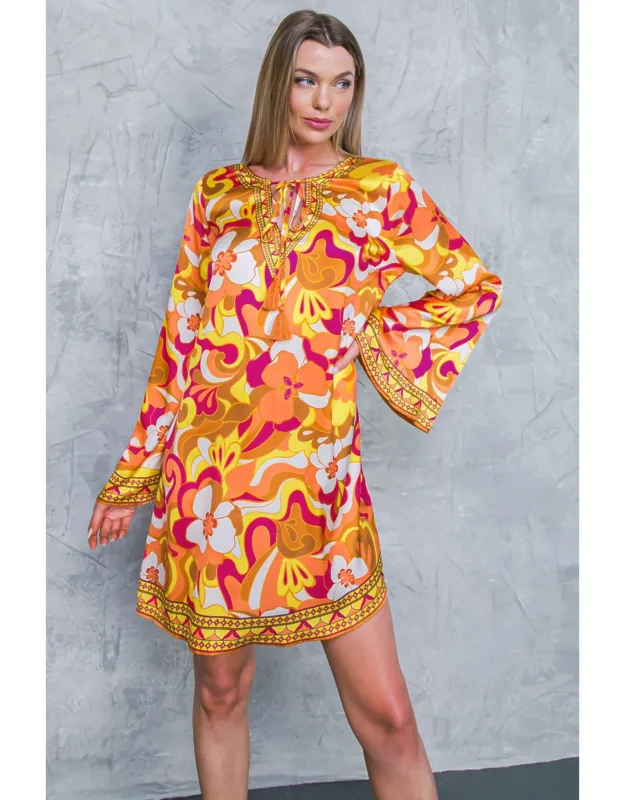 Caught Feelings Mini Dress With V Neckline And Bell Sleeves