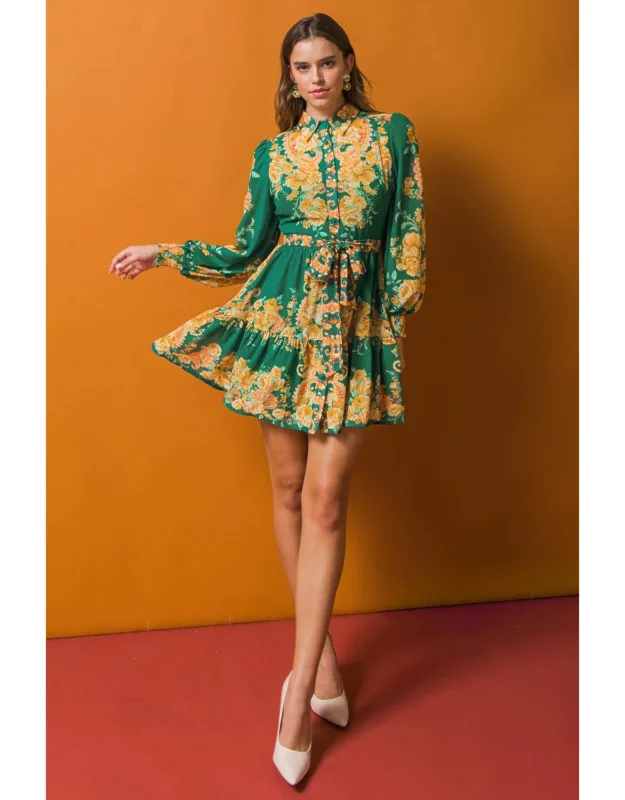 Furtherst Thing Woven Mini Dress With Classic Shirt Collar And Ruffled Hemline