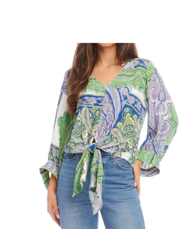 Pella Paisley Blouson Sleeve Tie Front Top