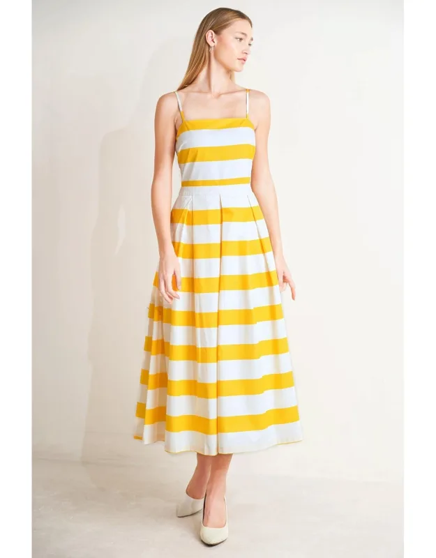 Honey Glow Woven Midi Dress With Straight Neckline And Full Skirt