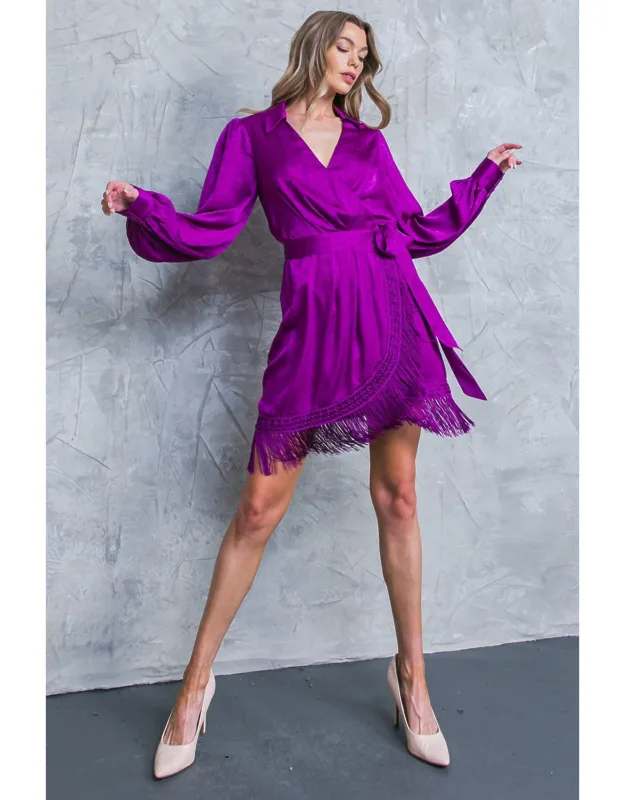 Never Gonna Give Up Woven Midi Dress With Faux Wrap Skirt And Fringe Details