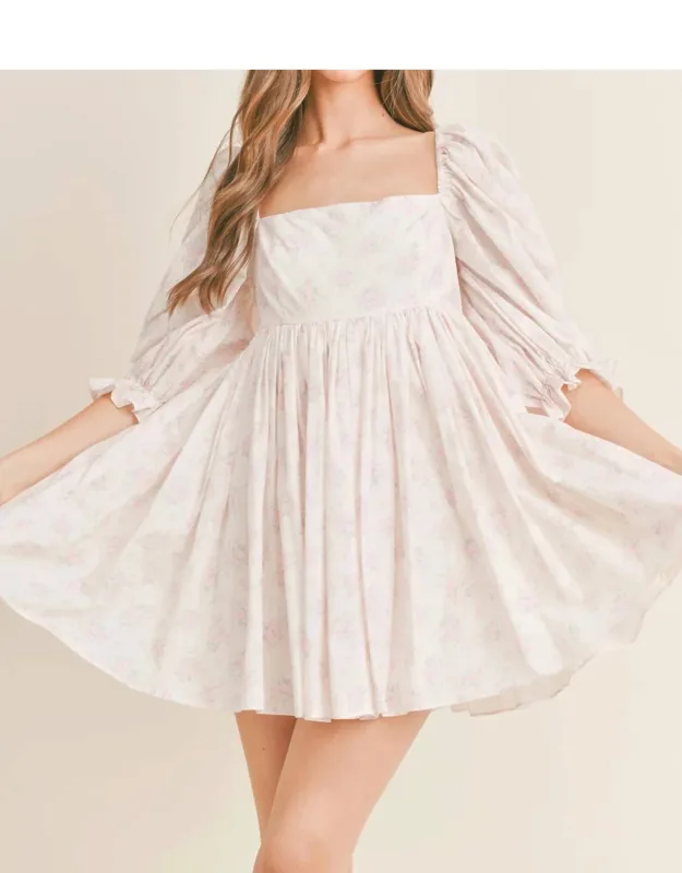 Floral Print Puff Sleeve Square Neck Mini Dress
