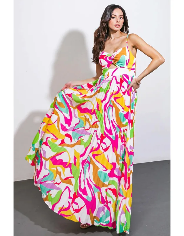 Up To Chance Woven Maxi Dress With Pleated Skirt And Center Cut-out