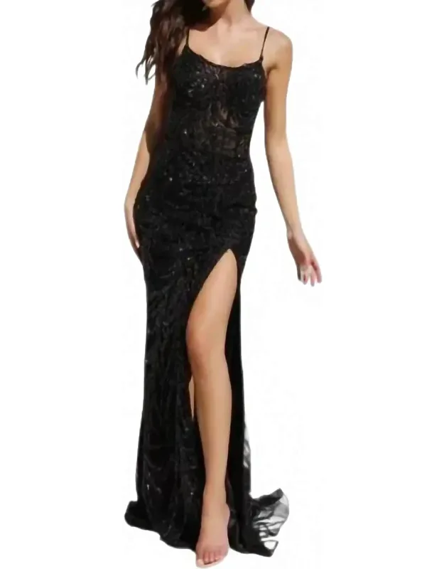 Scoop Neckline Beaded Sheath Slit Dress