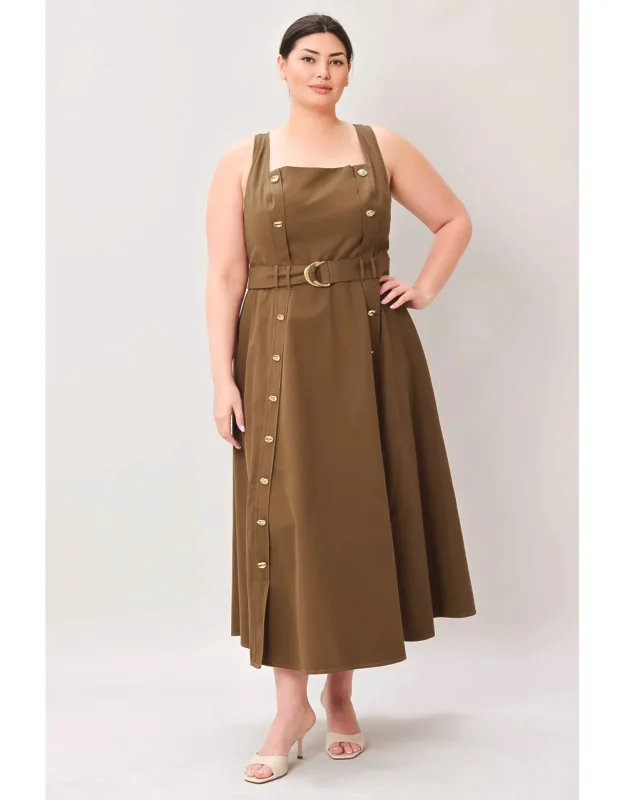 Sweet Sienna Woven Midi Dress With Button Down Detail And Self Belt