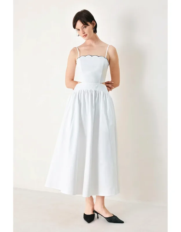 Pure Elegance Woven Midi Dress With Scalloped Neckline And Side Cut Out