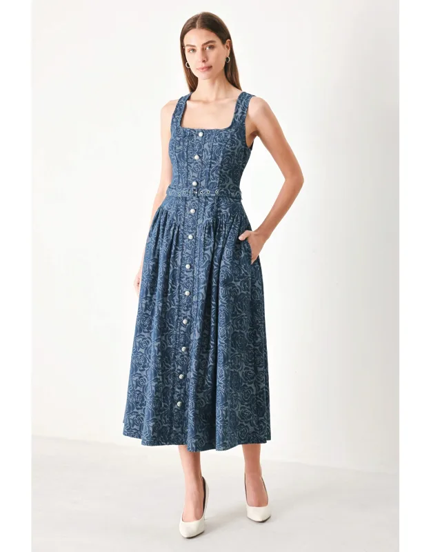 Midnight Garden Denim Midi Dress
