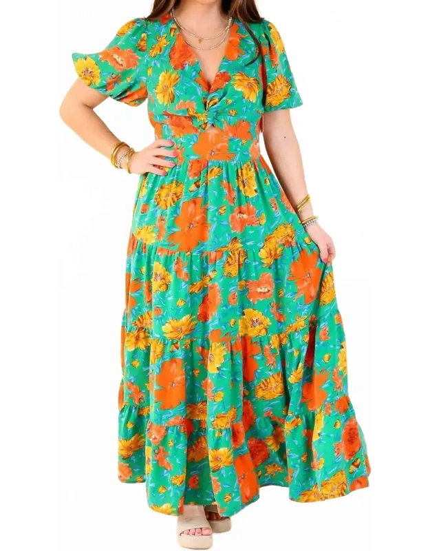 Puff Sleeve Tiered Midi Dress