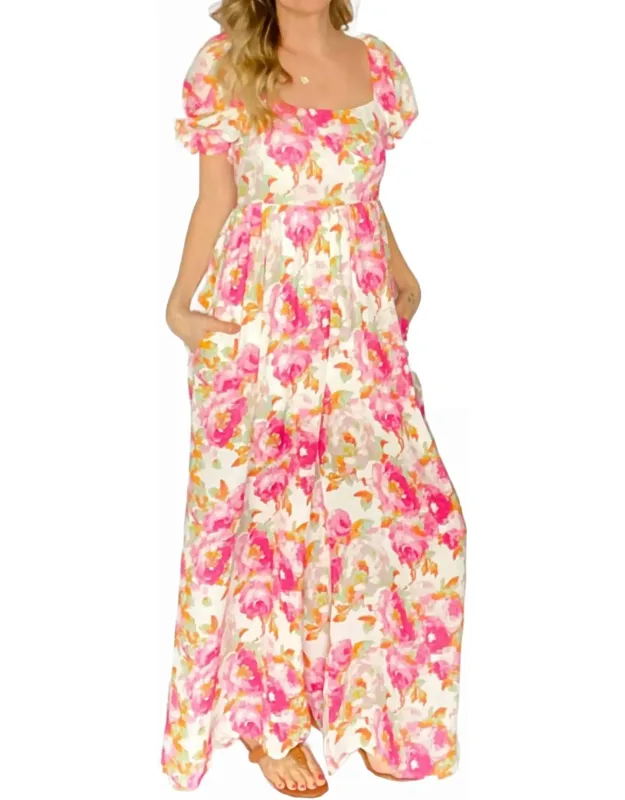 Floral Poof Sleeve Smocked Back Jumpsuit
