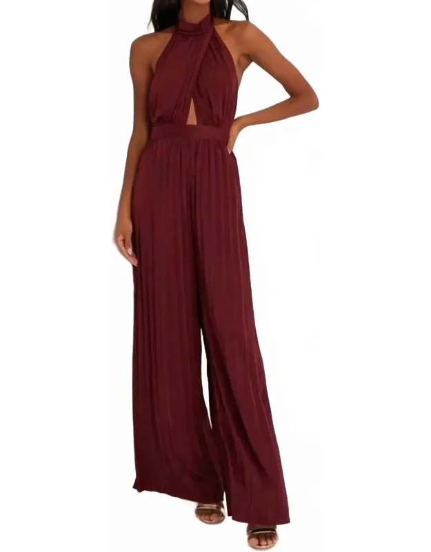 Confident Impression Satin Pleated Halter Jumpsuit