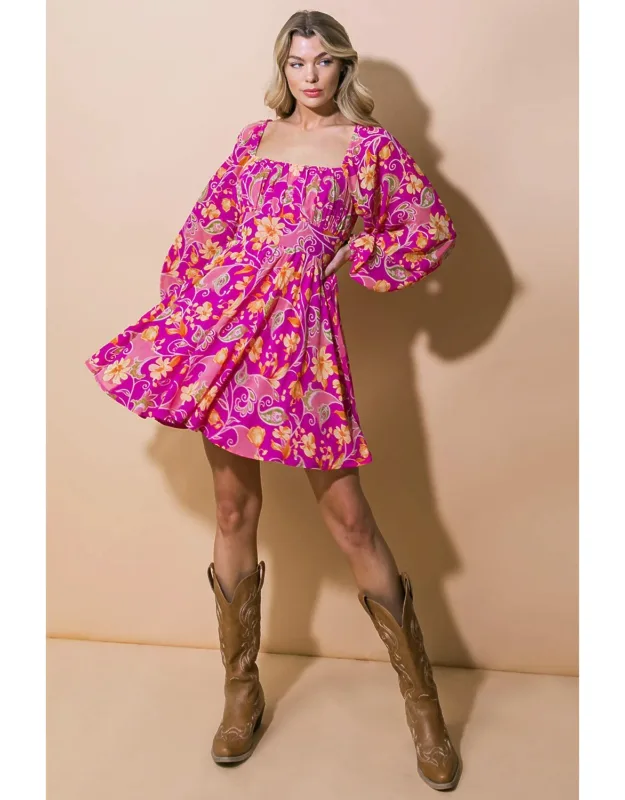 Thriving All Night Woven Mini Dress With Square Neckline And Long Sleeves