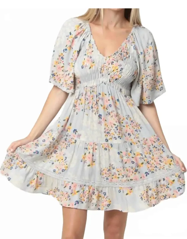 Smocked Bodice V Neck Lace Trim Short Sleeve Dress
