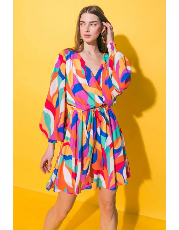 Boston Get Away Woven Mini Dress With Surplice Neckline And Exaggerated Wide Sleeves