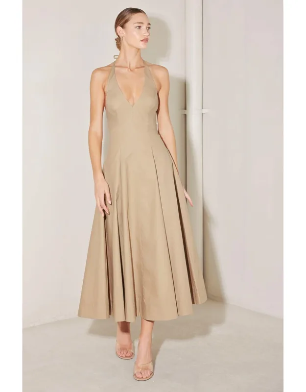 Resort Midi Dress With V Neckline And Halter Neck Tie