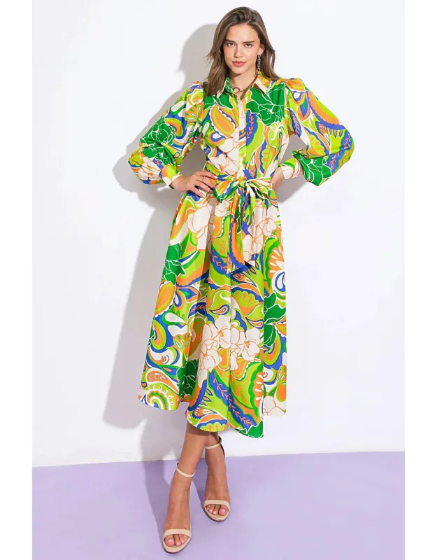 Desirable Style Woven Midi Dress, Shirt Collar, Long Sleeves