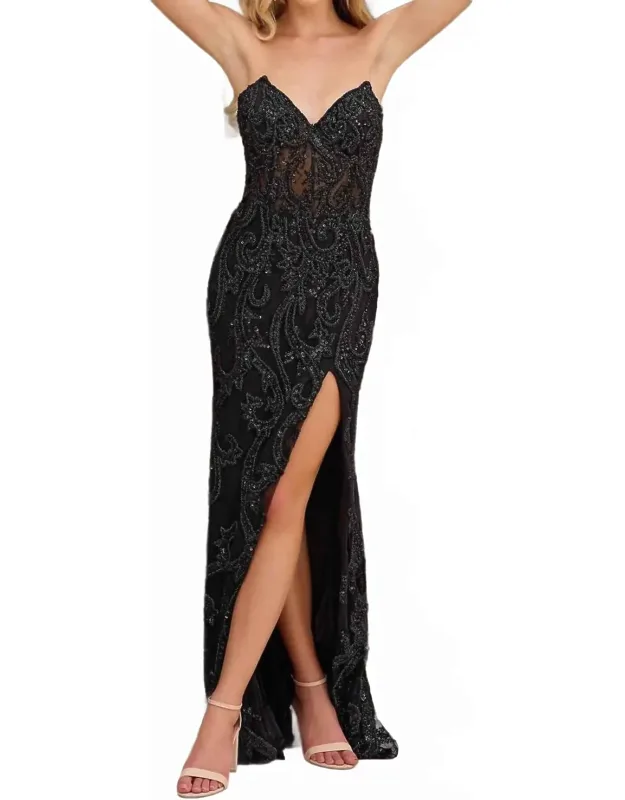 Strapless Long Beaded Prom Dress