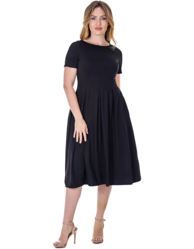 24seven Comfort Apparel Short Sleeve Boat Neck Pleated Flared Pocket Midi Dress, A-line Silhouette, Soft Stretchy Fabric