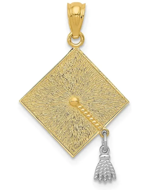 14k Yellow Gold White Rhodium 3-d Graduation Cap Moveable Tassel Pendant