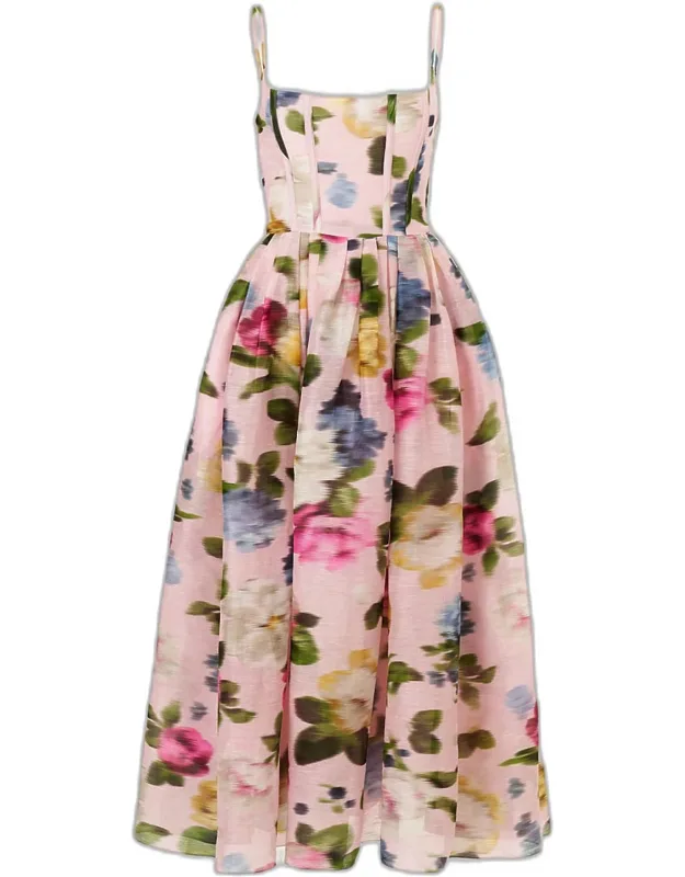 Floral Silk Faille Sleeveless Corset Midi Dress
