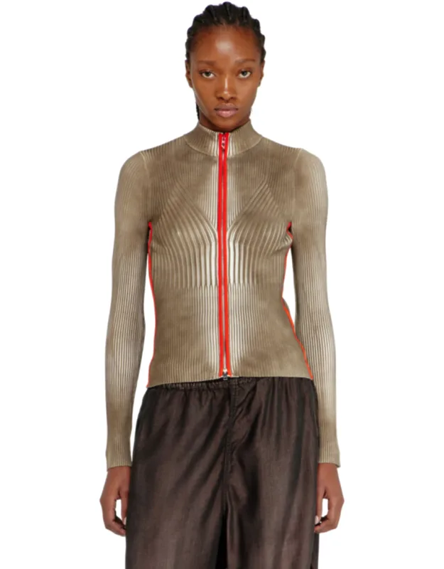 Ribbed Zip Cardigan With Contrast Bands