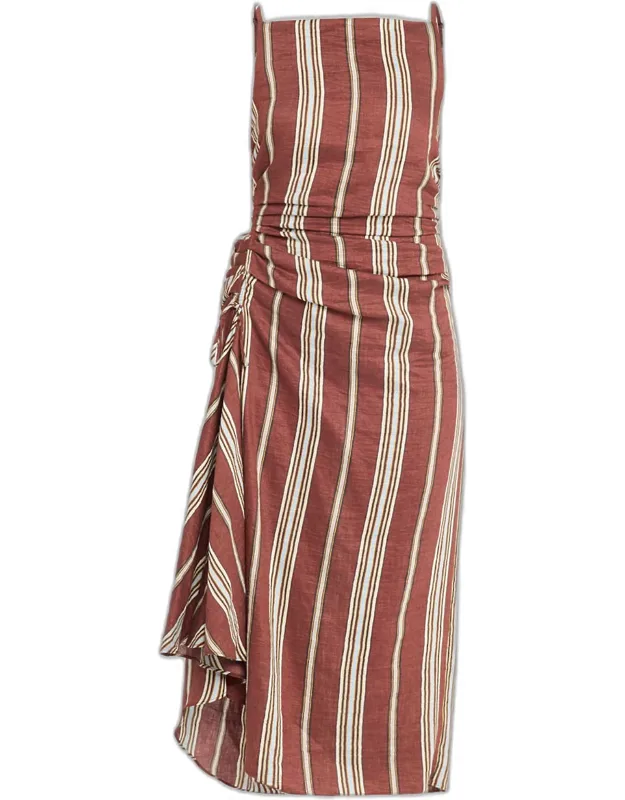 Draped Stripe Linen Midi Dress