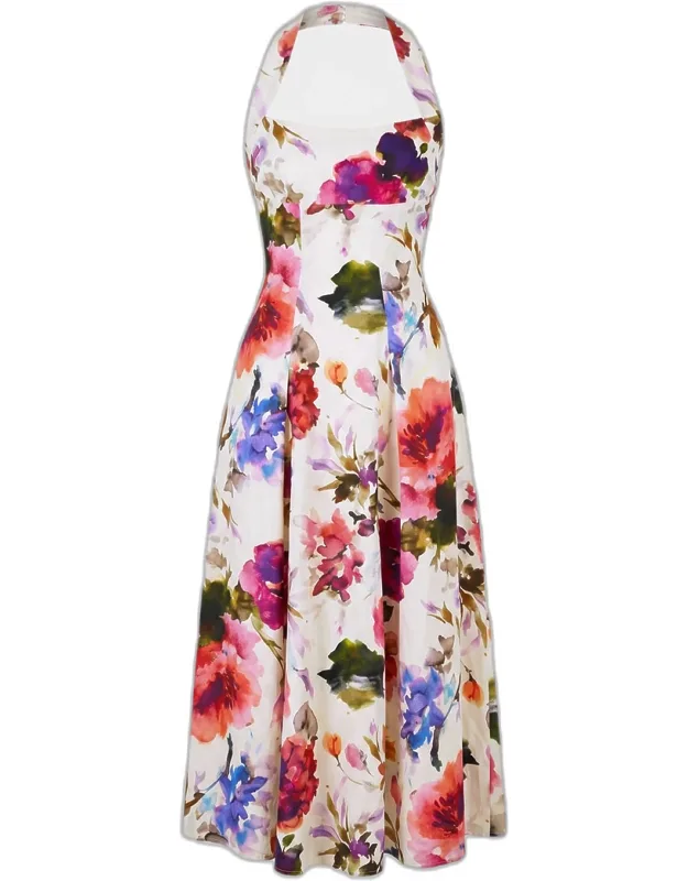 Pleated Floral-print Halter Midi Dress