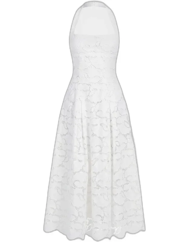 Pleated Lace Halter Midi Dress
