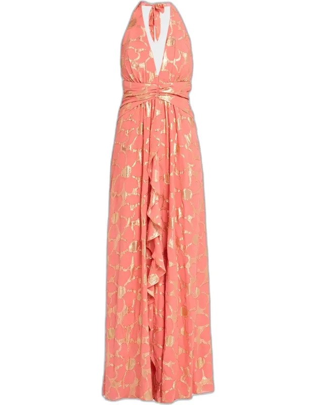 Metallic Floral Halter Maxi Dress