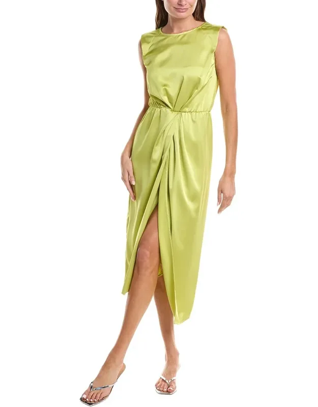 Cap Sleeve High Slit Satin Midi Dress