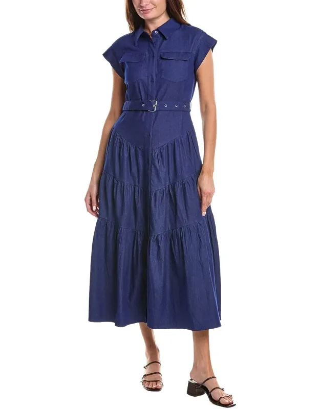 Buckle Belted Tiered Denim Maxi Dress
