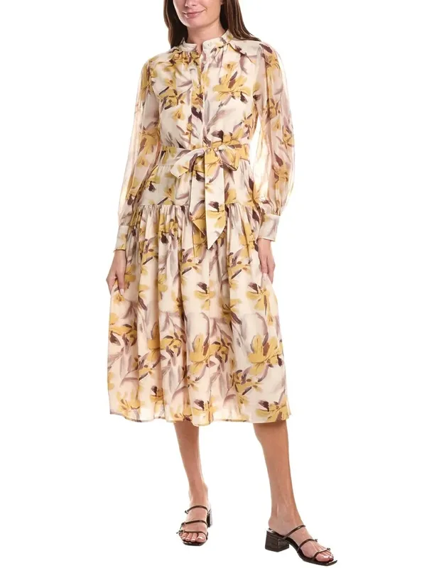 Floral Printed Long Sleeve Belt Midi Dress