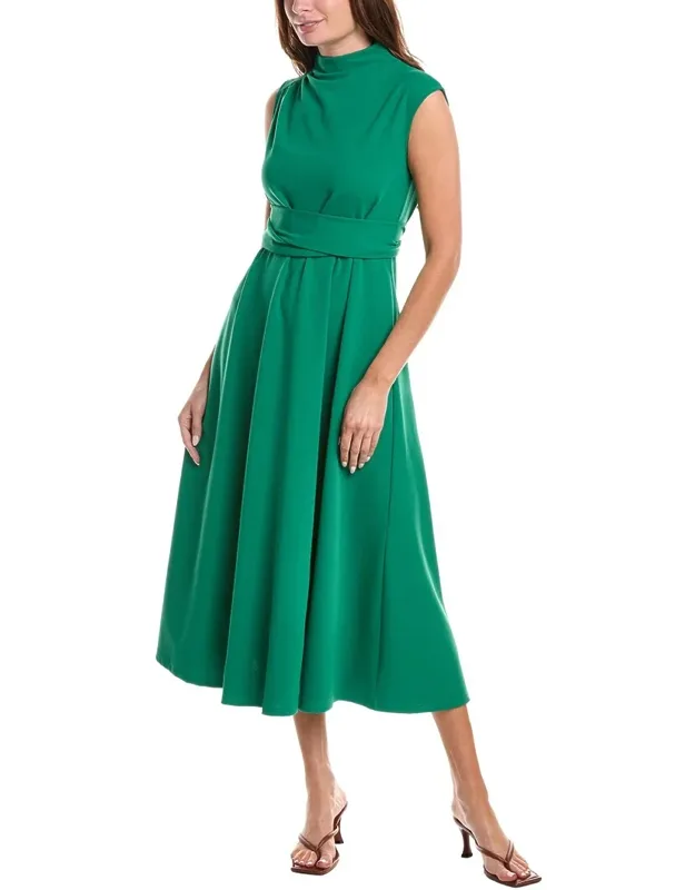 Front Tie Belt Mock Neck Midi Dress