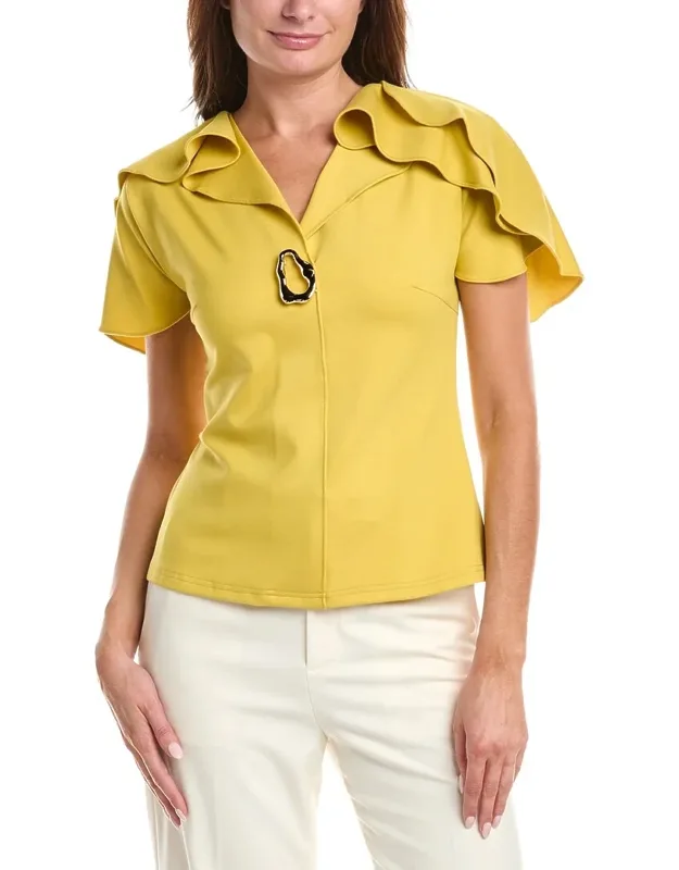 Ruffled Neck & Sleeve Brooch Detail Top