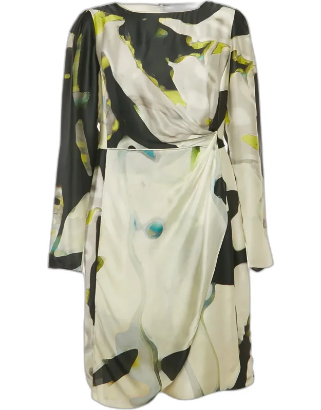 Multicolor Printed Satin Draped Mini Dress